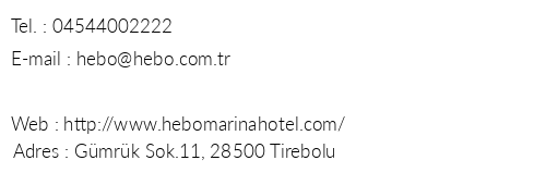 Hebo Marina Hotel telefon numaralar, faks, e-mail, posta adresi ve iletiim bilgileri